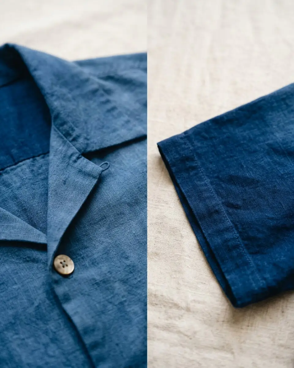Indigo Hand-Dipped Shirt, collar and stitching close-up