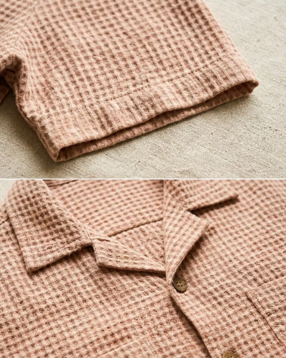 River Bleached Gamcha Shirt, collar and stitching close-up