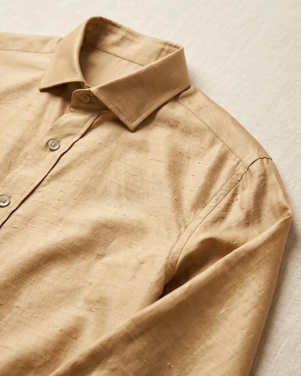 Raw Mulberry Slub Silk Shirt, collar and stitching close-up