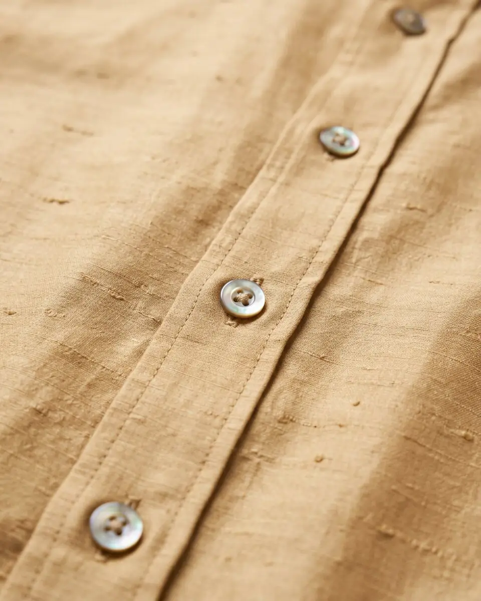 Raw Mulberry Slub Silk Shirt, buttons and placket close-up