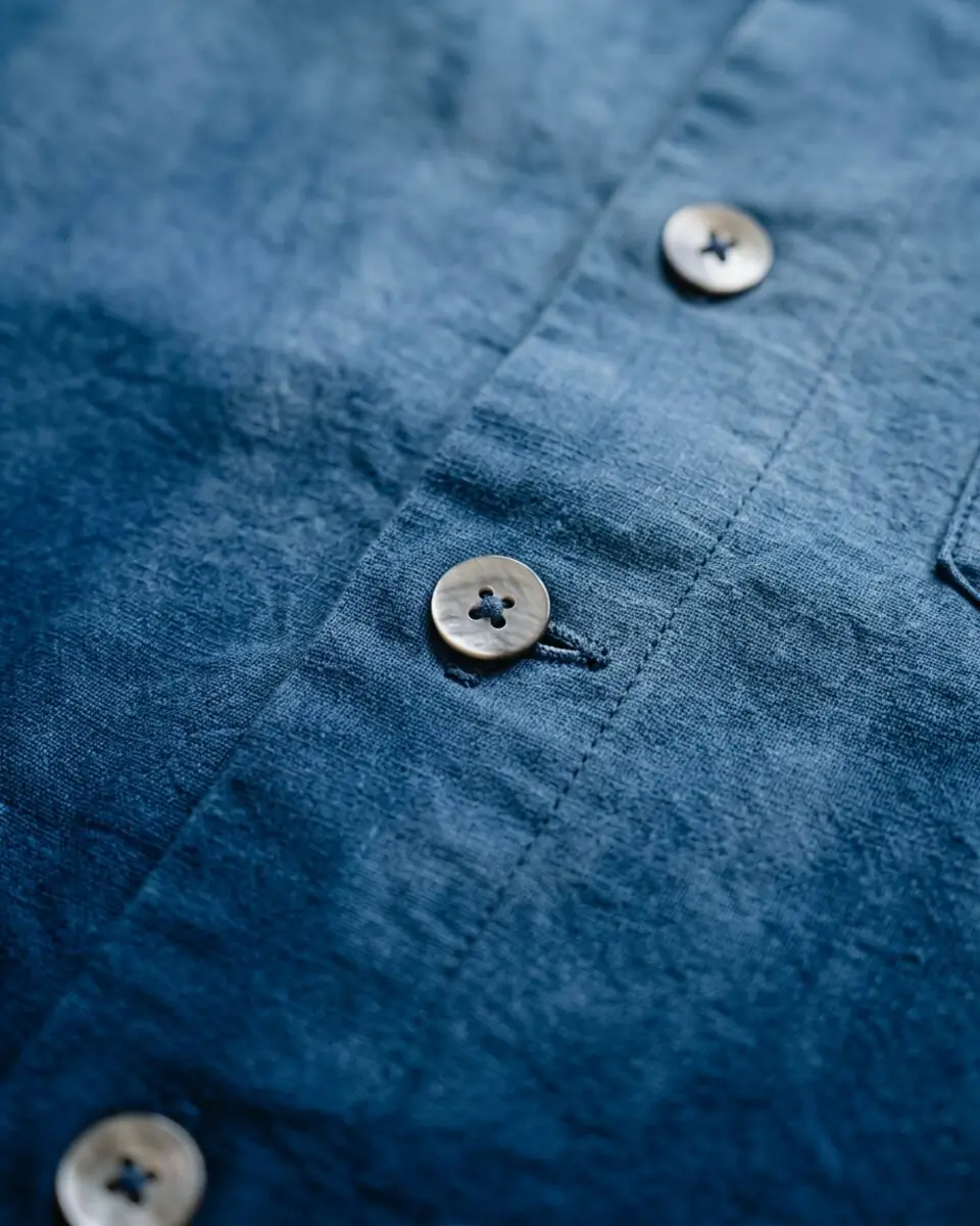 Indigo Hand-Dipped Shirt, buttons and placket close-up