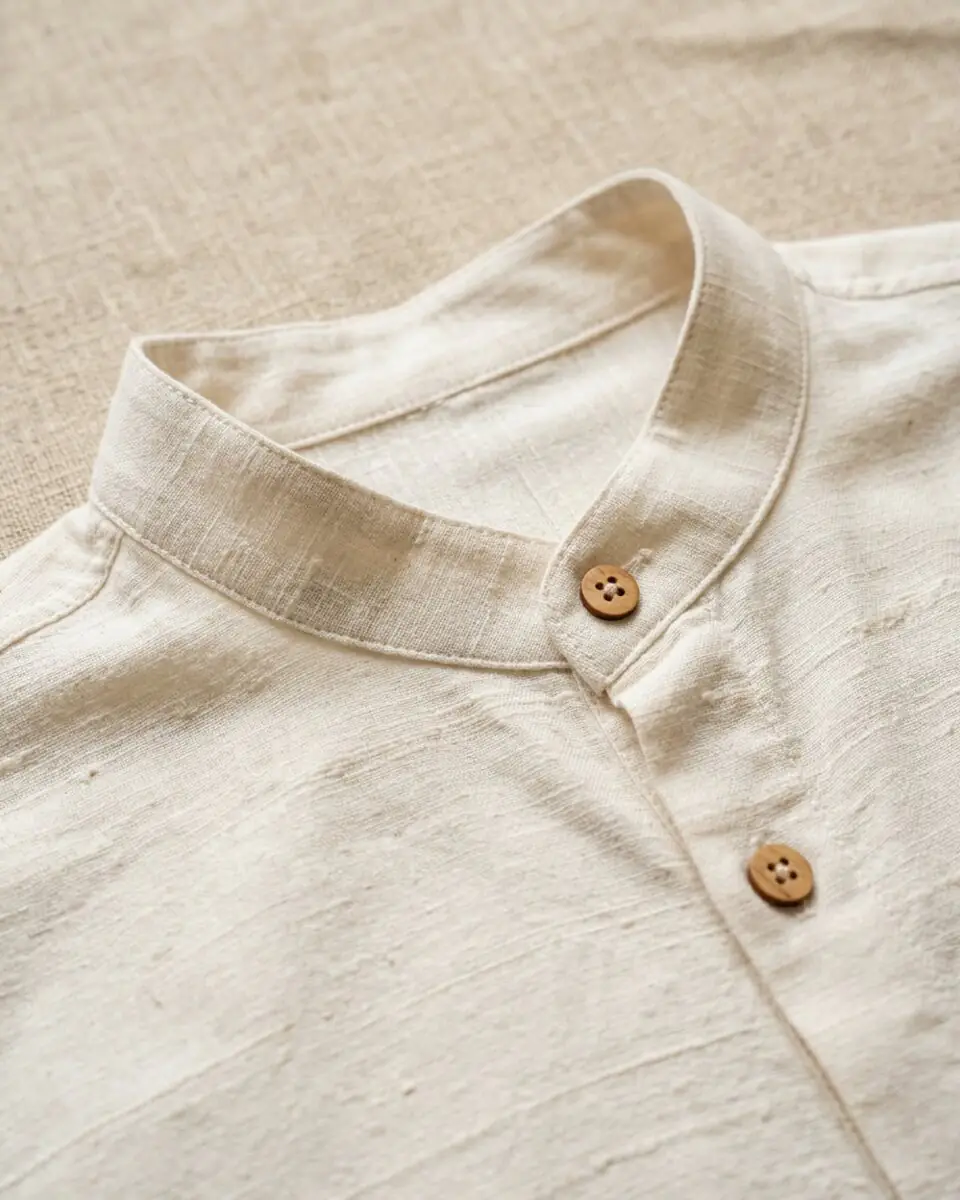 Tangail Draped Band Collar Shirt, collar and stitching close-up