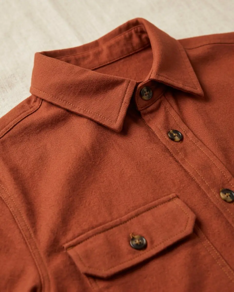 Terracotta Temple Overshirt, collar and stitching close-up