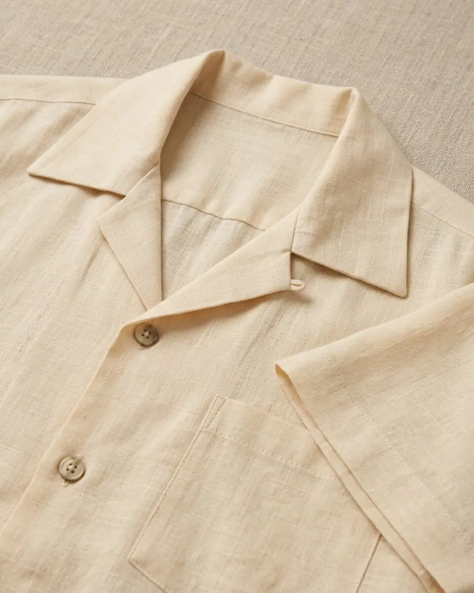 Tangail Cloud Handloom Camp Shirt, collar and stitching close-up