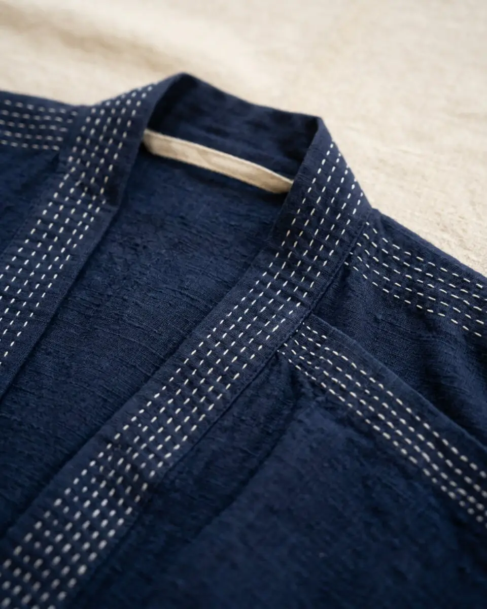 Artisan Haori Drape Overshirt, collar and stitching close-up