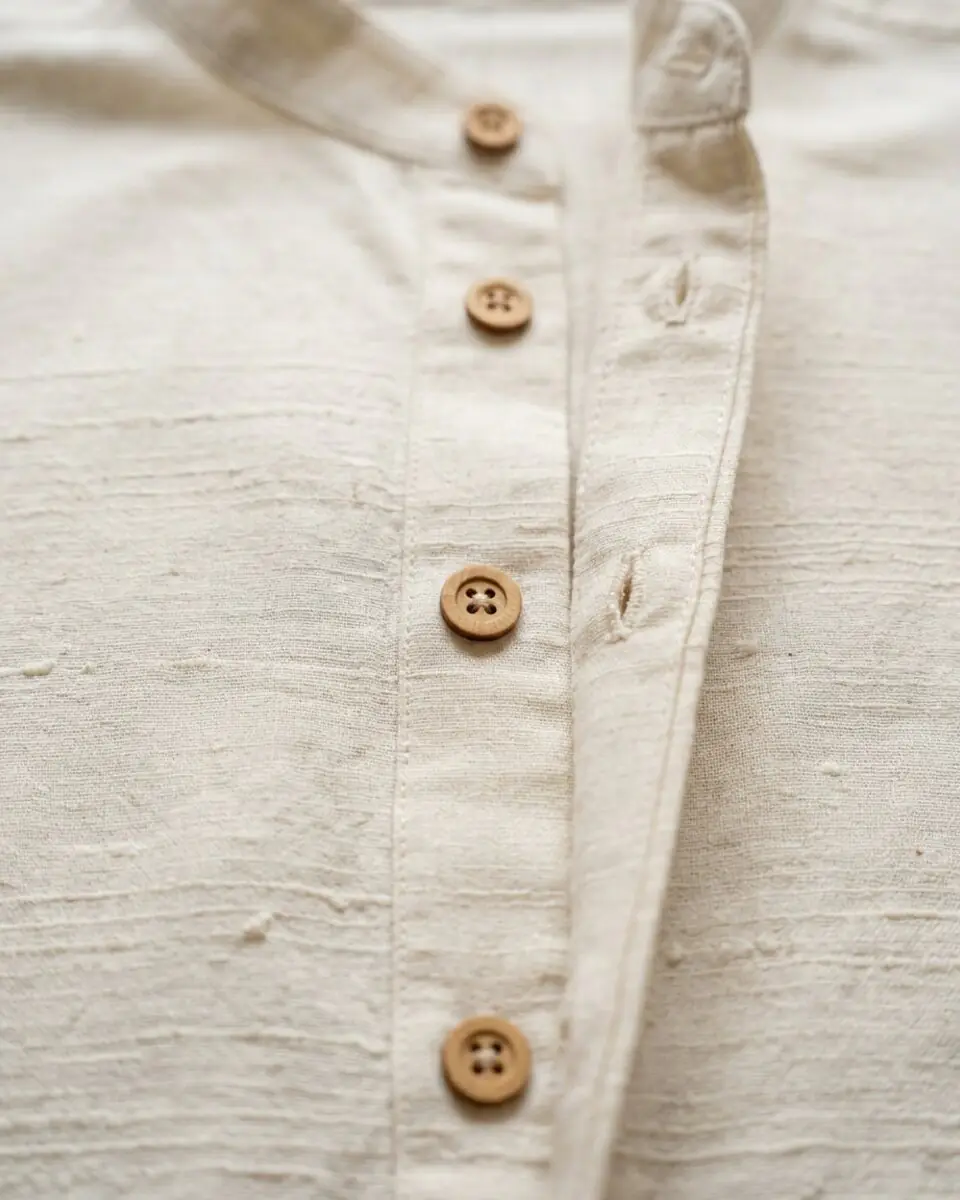 Tangail Draped Band Collar Shirt, buttons and placket close-up